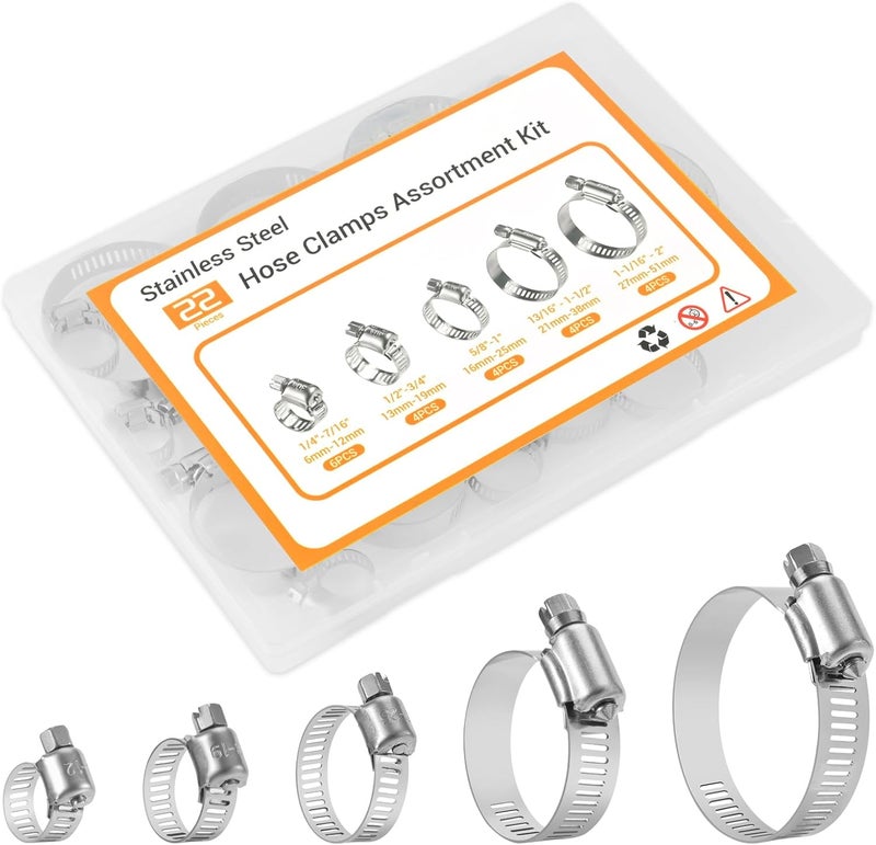 CARLWIN 22pcs Premium Stainless Steel Hose Clamp Assortment Kit, Worm Gear Clamps, 1/4"-2" (6-51mm) Small Hose Clamps for Plumbing, Automotive, Industrial, and Home Use - Image 1
